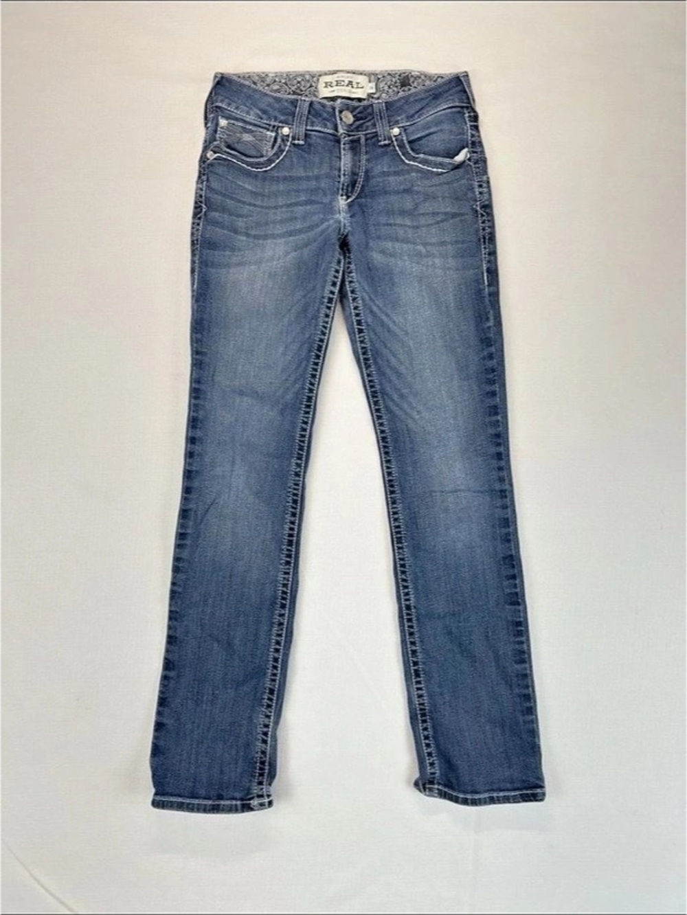 Ariat REAL Jeans Womens 28R Blue Rainstorm Mid Rise Straight Stretch Embroidered